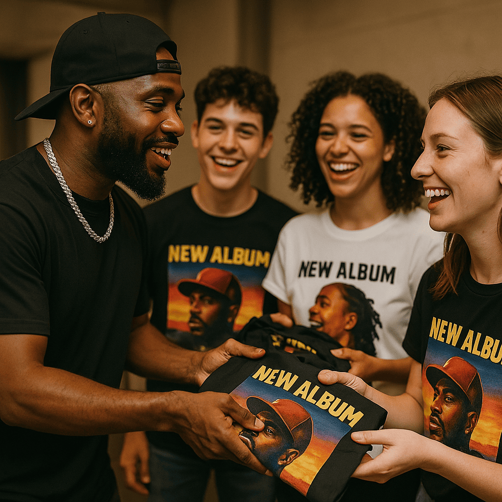 Rappeur qui distribue des tee-shirts pour son nouvel album